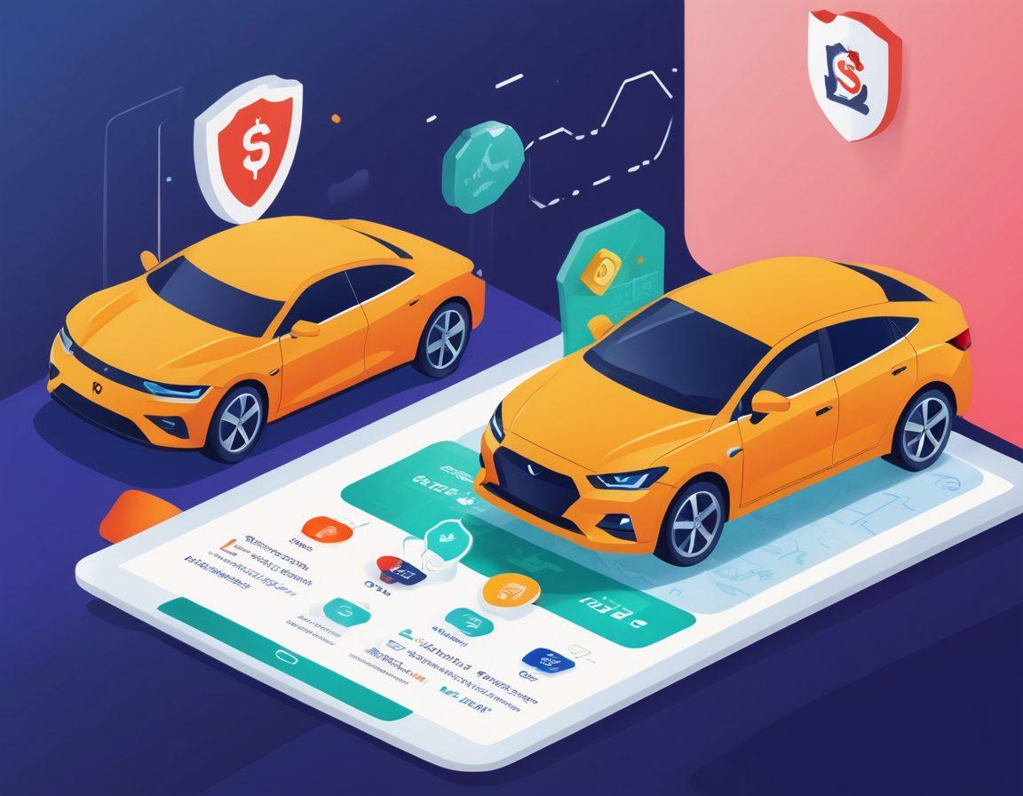 A visually engaging, split-screen illustration depicting a person comparing car insurance options on a digital device, along with a striking infographic showcasing key coverage features such as liability, collision, and comprehensive protection. Include a car in the background and symbols representing safety and finances. The color palette should be bright and inviting, emphasizing clarity and simplicity. modern flat design. vibrant colors.