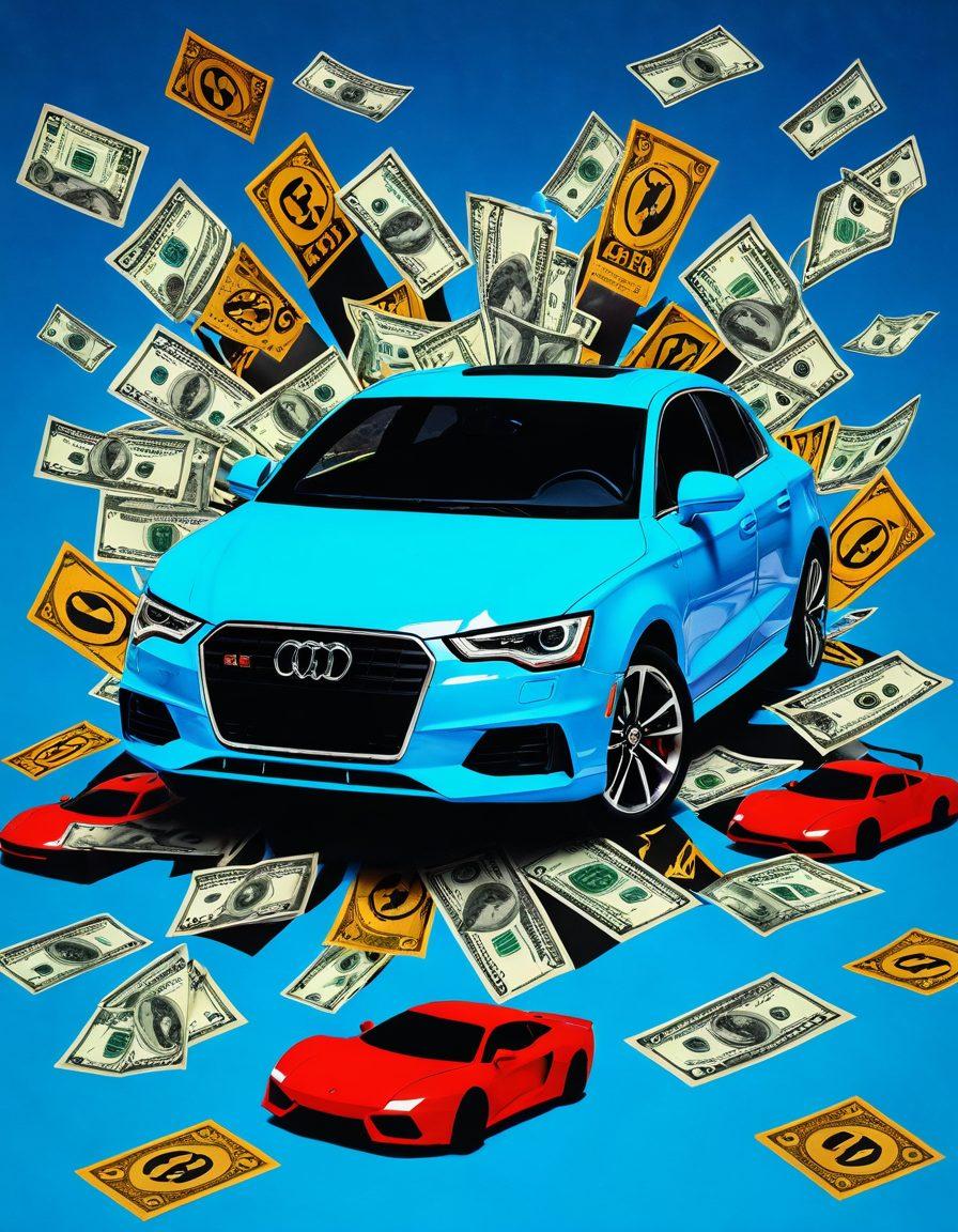 A vibrant collage showcasing a car in a secured environment, surrounded by visual elements representing liability and collision insurance, such as shield icons, money symbols, and crash scenes transformed into protective barriers. Use dynamic colors to evoke safety and protection, with a focus on a serene blue backdrop symbolizing trust. super-realistic. vibrant colors. white background.